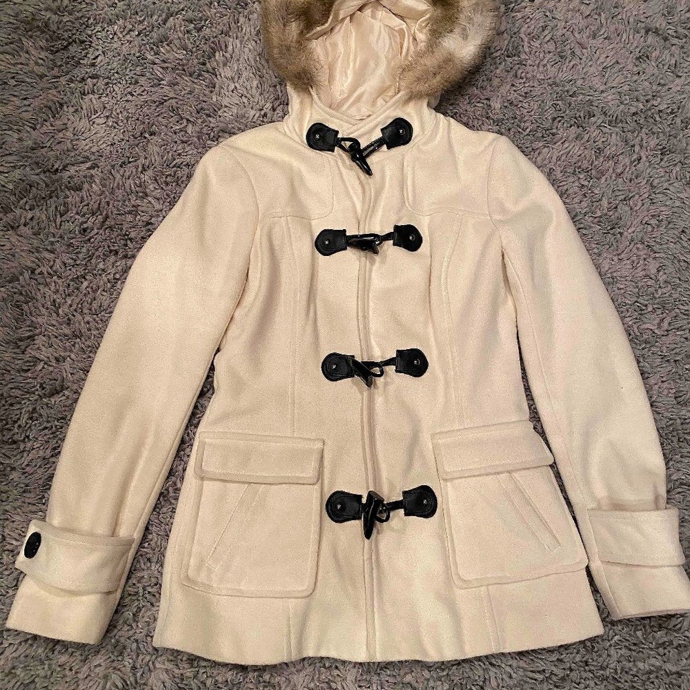Bebe Wool Off White Pea Coat with Hood, Size M